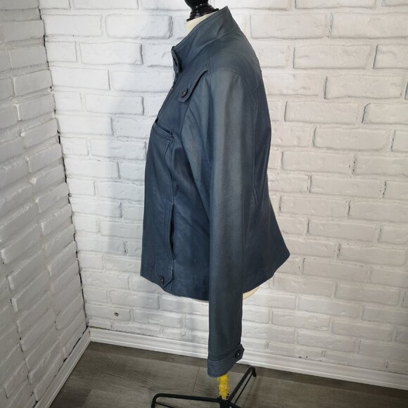 Danier Leather Ladies Size Large Lined Windsor Blue Full Zip Leather Jacket - Picture 4 of 13